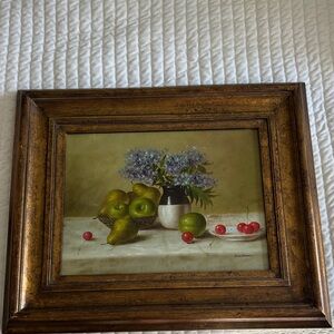 Framed Still Life Painting with Pears and Flowers